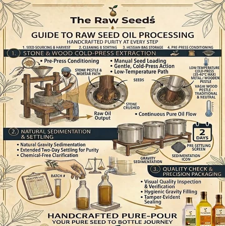 The Raw Seeds guide to raw seed oil processing — cold-press extraction, natural sedimentation, and quality packaging