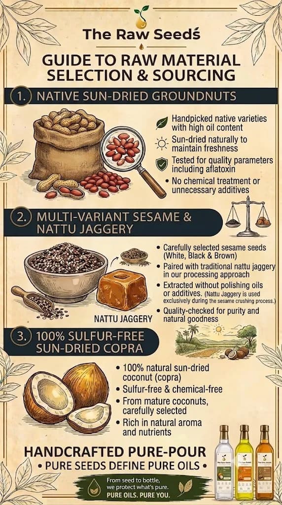 The Raw Seeds guide to raw material selection — native groundnuts, sesame with nattu jaggery, and sulfur-free sun-dried copra