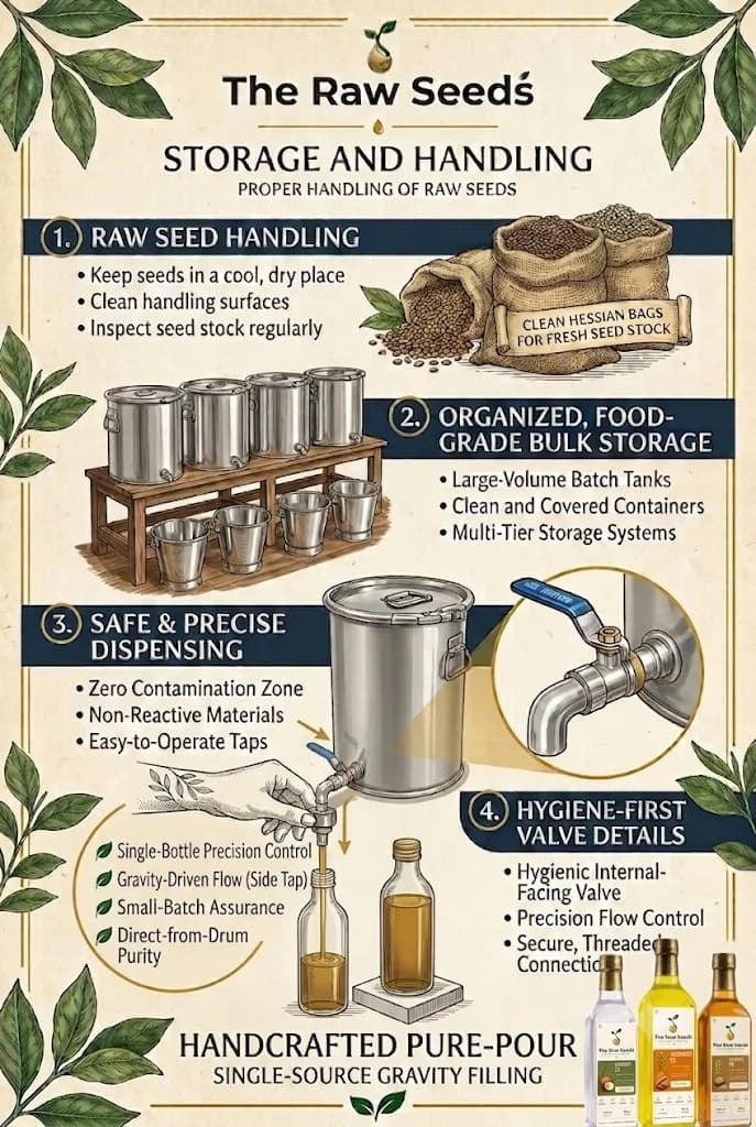 The Raw Seeds storage and handling infographic — raw seed handling, food-grade bulk storage, and safe dispensing